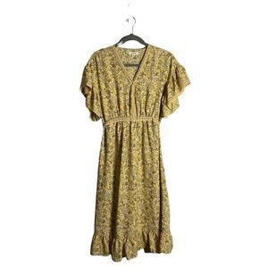 Max Studio Women's Yellow Floral Boho Ruffle V-Neck Midi Dress